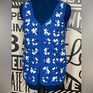 Vintage Handmade Granny Square Blue and White Knit Crochet Vest